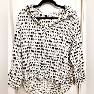 Jane & Delancey Button Down with Birds on Wire Design - Adjustable Sleeves